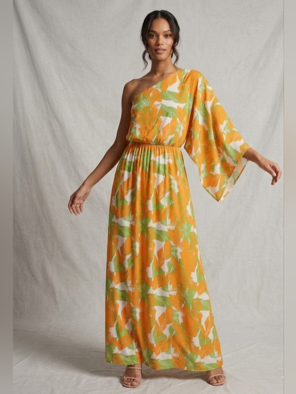 One-Shoulder Orange & Green Printed Maxi Dress